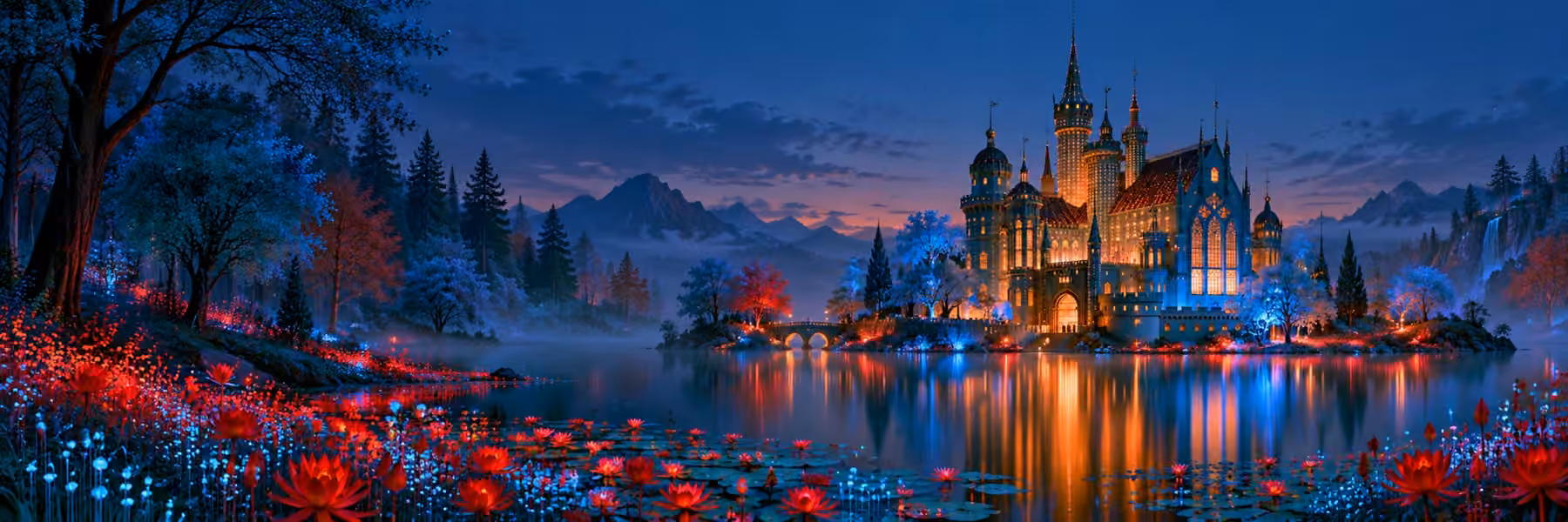 Panoramic glowing palace and lily lake framed by blue trees and red flowers