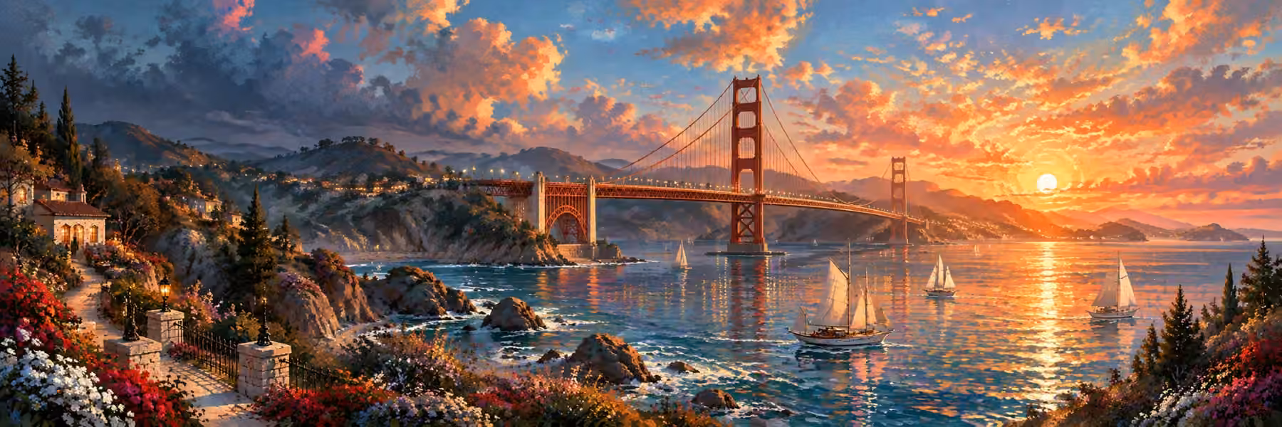 Panoramic golden sunset over a bridge and sailboats in a flower-lined harbor