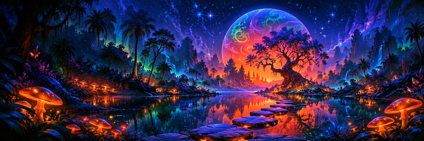 Panoramic neon forest with a patterned moon, luminous mushrooms and stepping stones