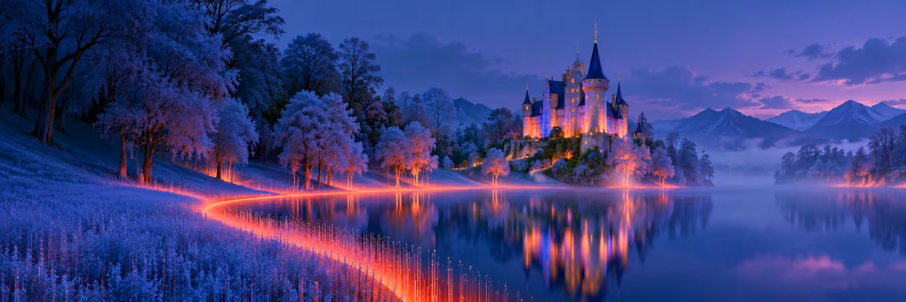 Panoramic lavender castle and lake with a glowing rose-colored shoreline