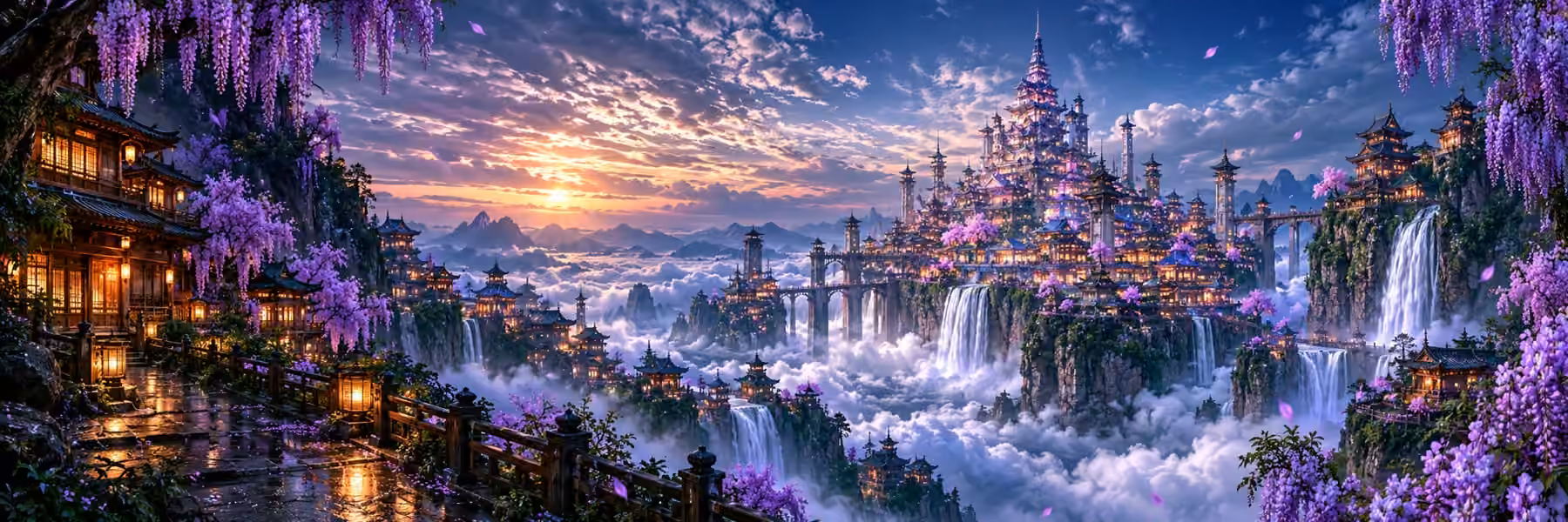 Panoramic fantasy city with purple wisteria, lanterns and waterfalls above clouds