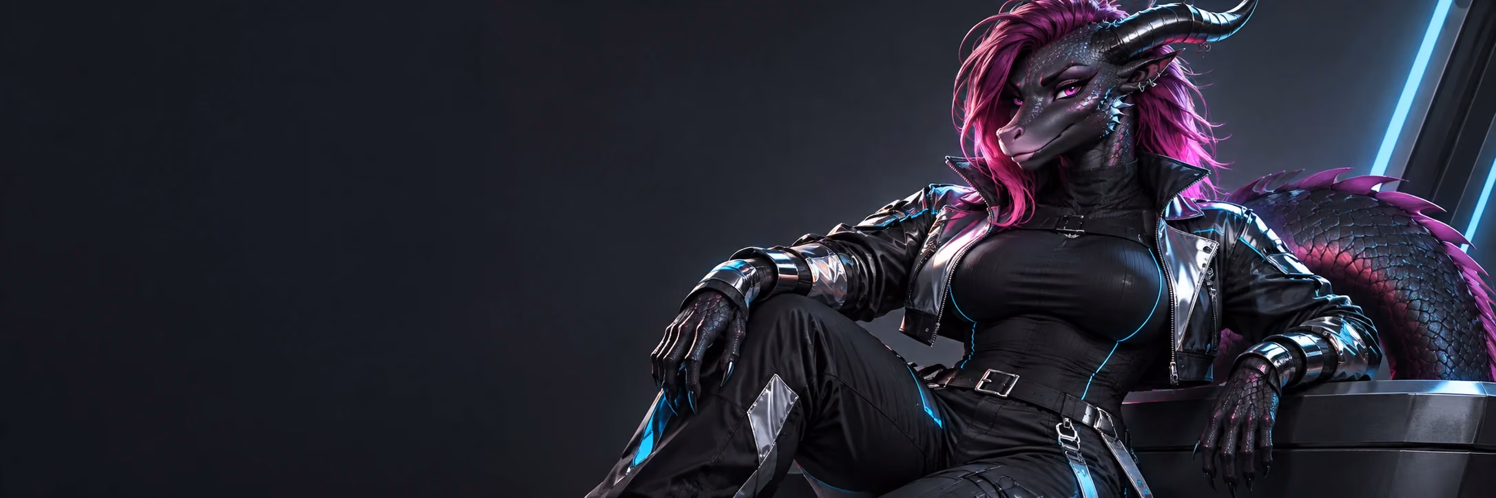 Adult dark-scaled anthro dragon with magenta hair and black chrome techwear with cyan details