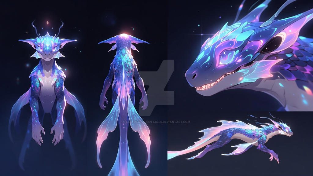 Cyan, violet and pink dragon reference sheet showing front, back, head and running views on a dark background. Watermarked public preview by ExclusiveAdoptables.