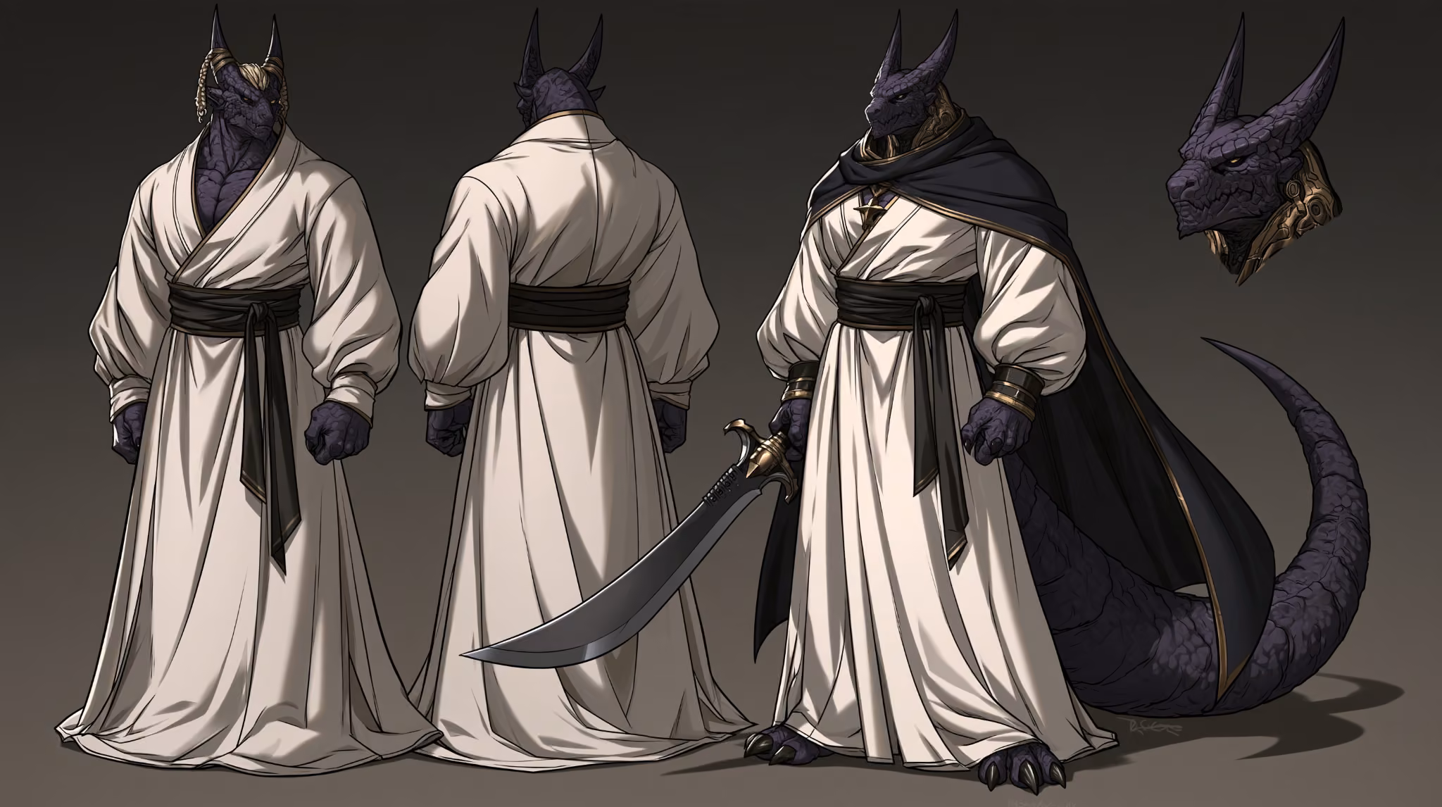 Purple-scaled dragon guardian in long ivory robes, a black sash and dark cape, with front, back and armed standing views and a head portrait.
