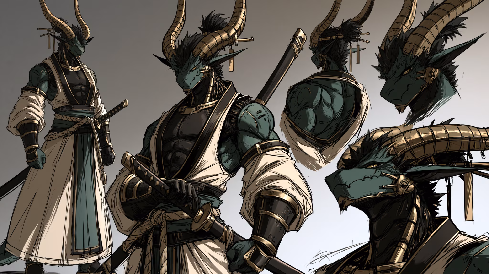 Jade-scaled anthro dragon samurai with long gold horns, ivory robes, a black chest piece and sword, shown in standing, torso and head studies.